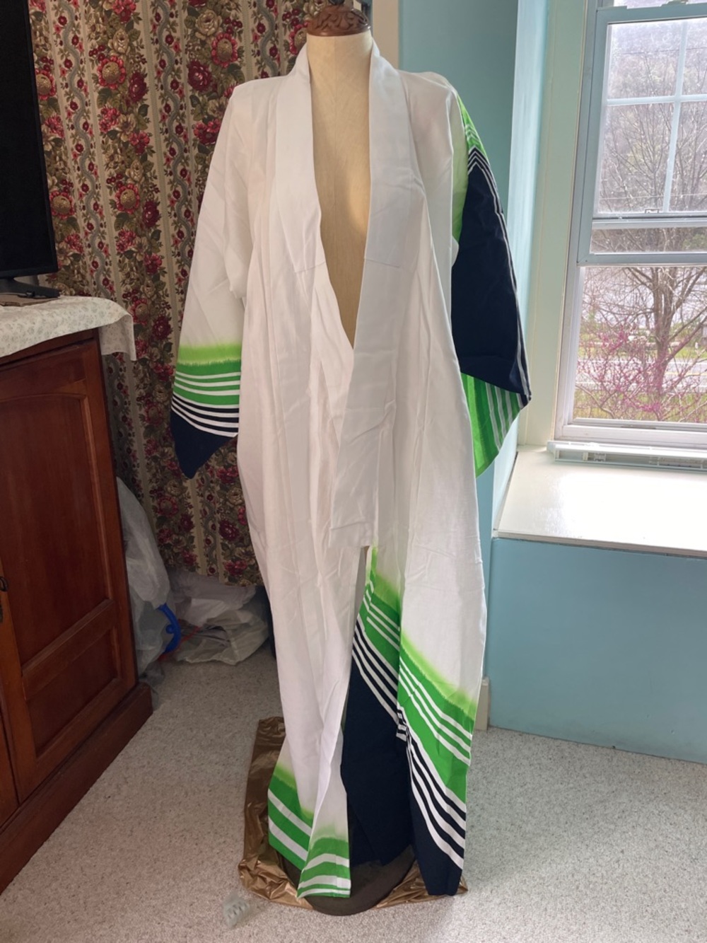 Japanese Summer Kimono White Robe with Green & Navy Stripe Accent Linen Cotton